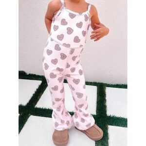 Tullabee Kids‎ Girl Pink Football Heart Print Sleeveless Bell Bottom Jumpsuit